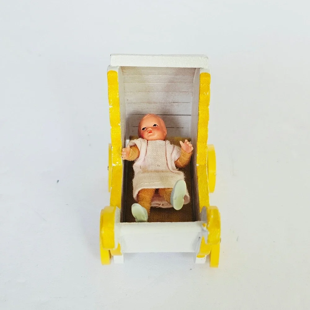 Vtg Retro Miniature Wooden Baby Carriage Plastic Bassinet Nursery Set Dollhouse